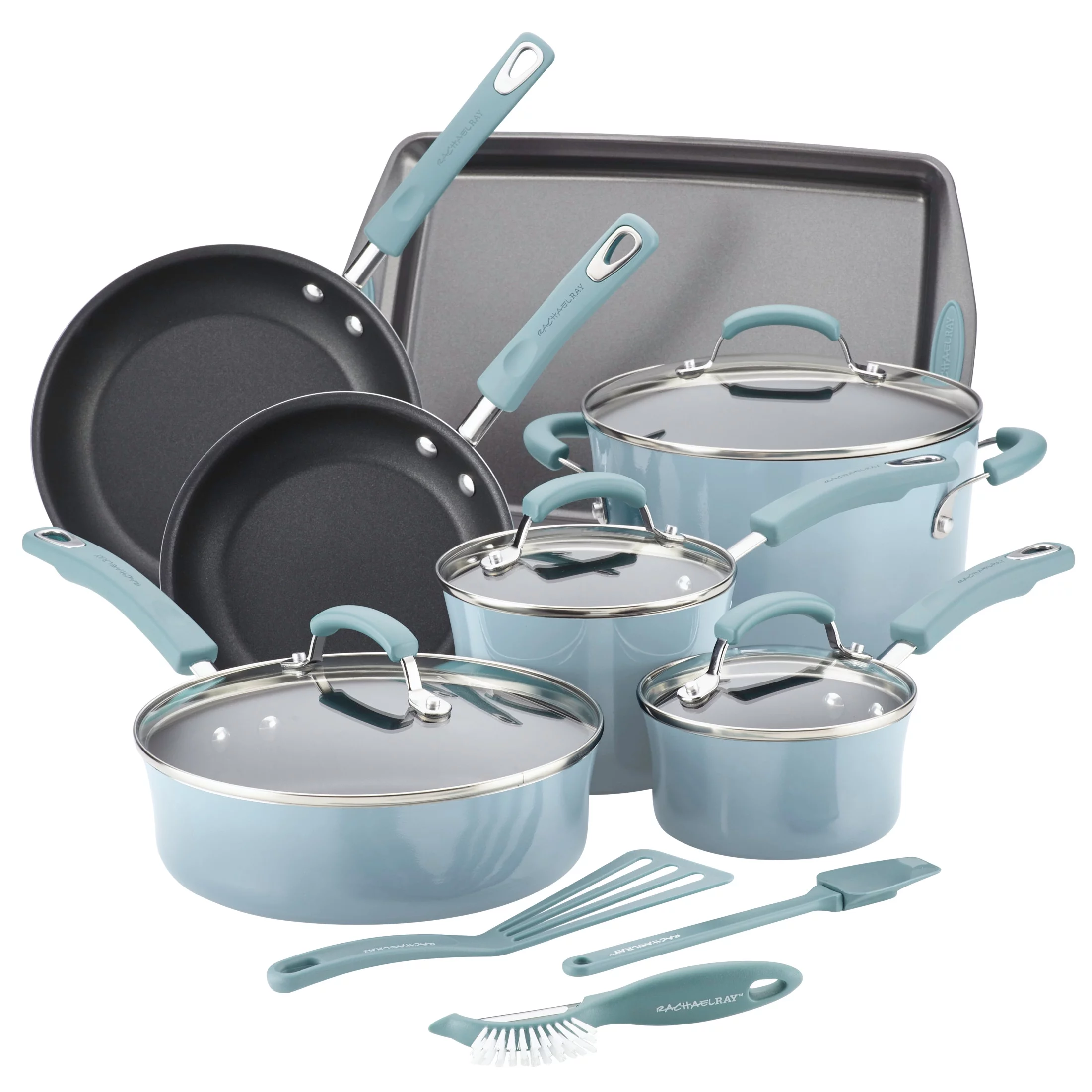 Rachael Ray Classic Brights Porcelain Aluminum Nonstick Cookware Pots and Pans Set. 14-Piece. Sky Blue