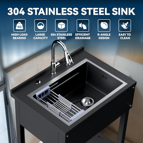 Stainless Steel Utility Sink,24" FreeStanding Laundry&Utility Room Sinks with Cold and Hot Water Faucet,Hoses and Drain Kit Commercial Single Bowl,Laundry Sink for Kitchens, Garage (24x18x36 Black)
