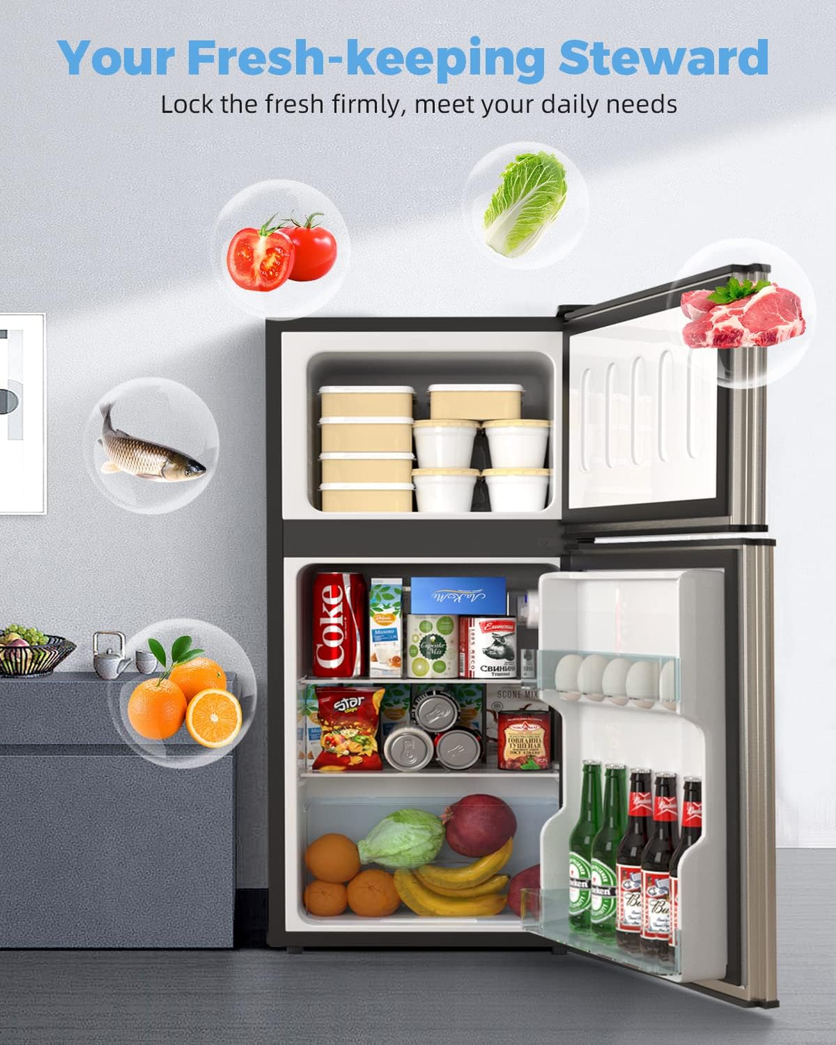 Mini Fridge with Freezer Quite: 3.2 Cu.Ft Mini Refrigerator with 2 Doors - Small Refrigerator Energy-Efficient Compact Refrigerator - Small Fridge for Bedroom Dorm Office Apartment (Champagne)