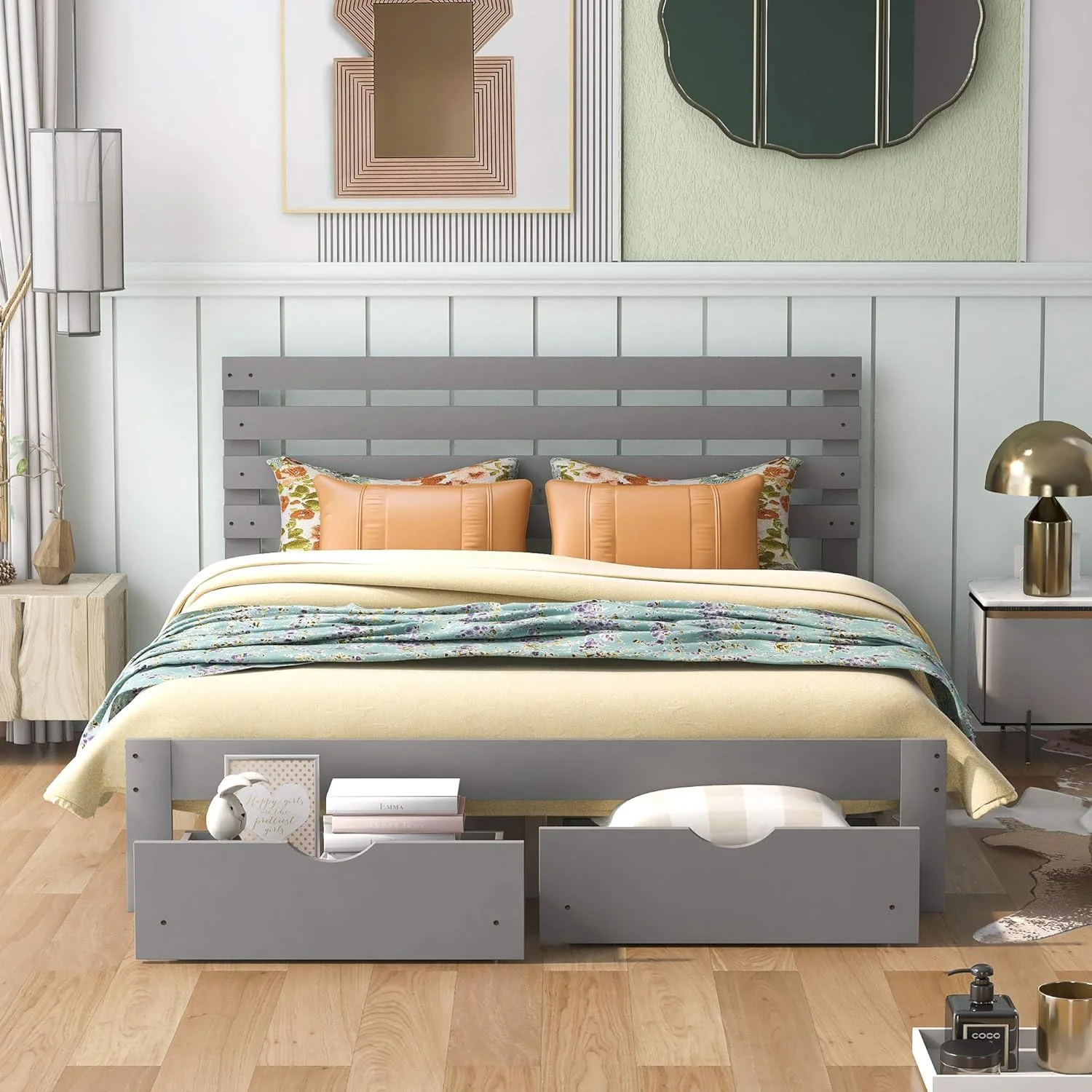 Queen Bed Frame, Queen Platform Bed With Storage Drawers, Wood Platform Bed Frame With Headboard, Wood Slats Support, No Box Spring Needed, Easy Assembly, Grey