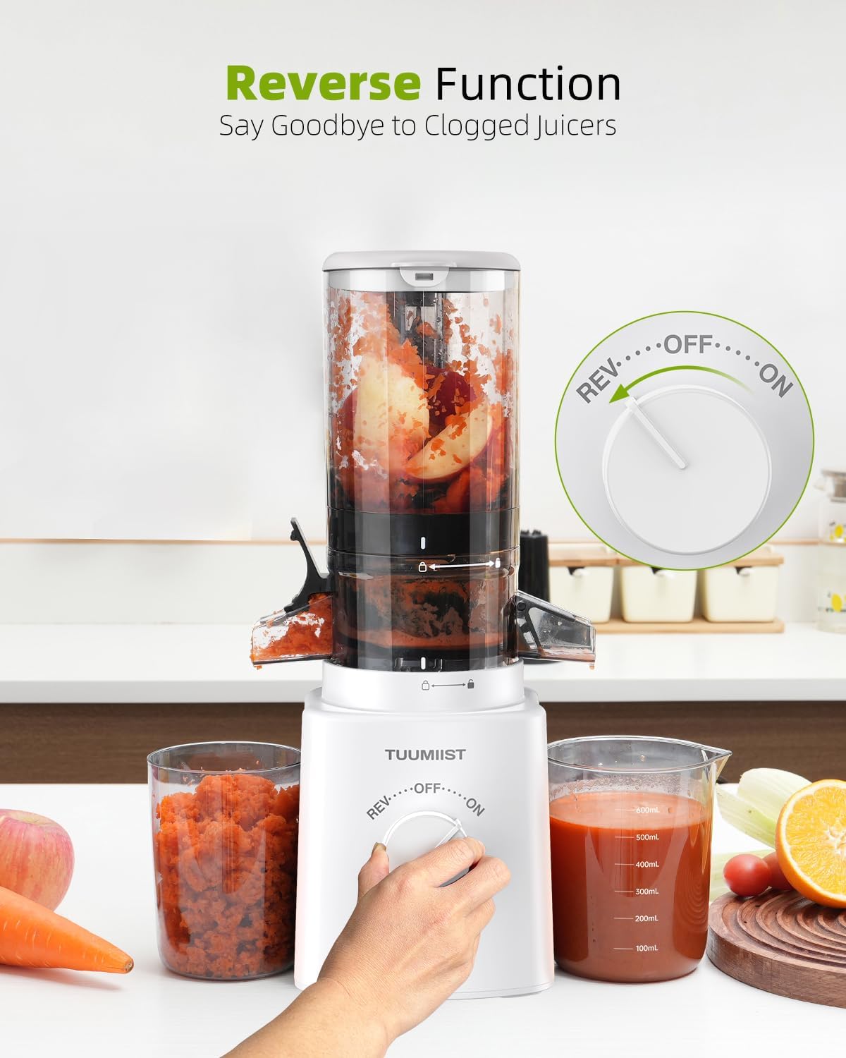 Juicer Machines, TUUMIIST Cold Press Juicer with 4.25'' Large Feed Chute Fit Whole Vegetable And Fruit, Masticating Juicer Easy To Clean, BPA Free(White)