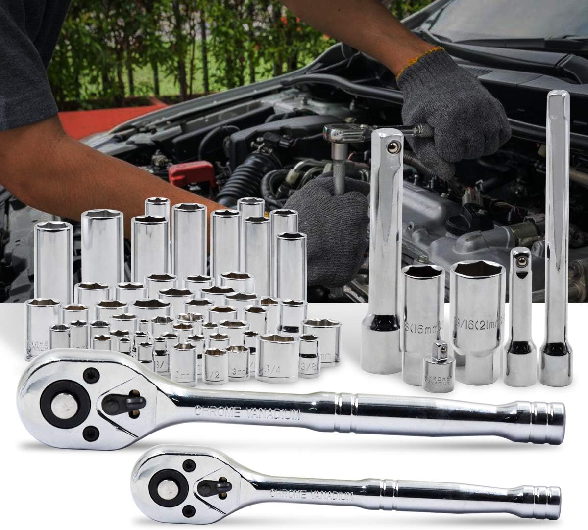 Prostormer 228-Piece Mechanics Tool Set, General Purpose Mixed Sockets and Wrenches Auto Repair Tool Kit with Plastic Storage Case