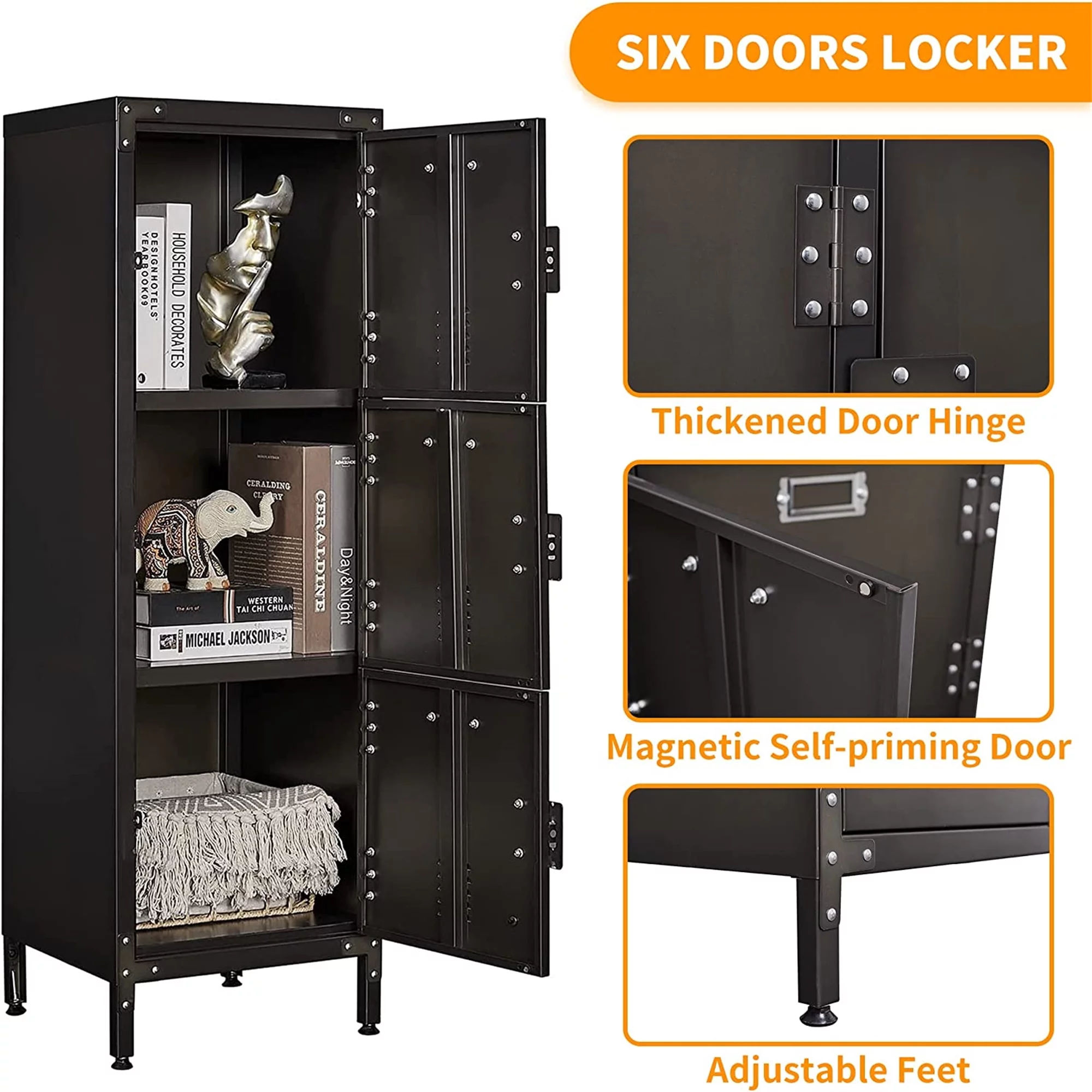 STANI Metal Storage Cabinet, Storage Locker Employees Locker with 6 Doors, 47 Height Steel Cabinet with Lockable Doors, Storage Cabinet with Adjustable Feet for Home Office Gym Clothes