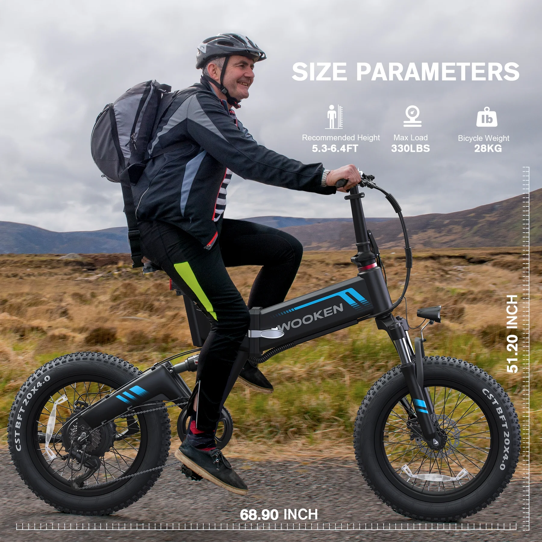 Wooken Electric Bike, 20''X4.0 Fat Tire Electric Bike for Adults, 500W 20MPH Foldable Electric Bicycle with 48V 10Ah Built-in Battery, Shimano 7 Speed Wheels Electric Bike, Dual Shock Absorber