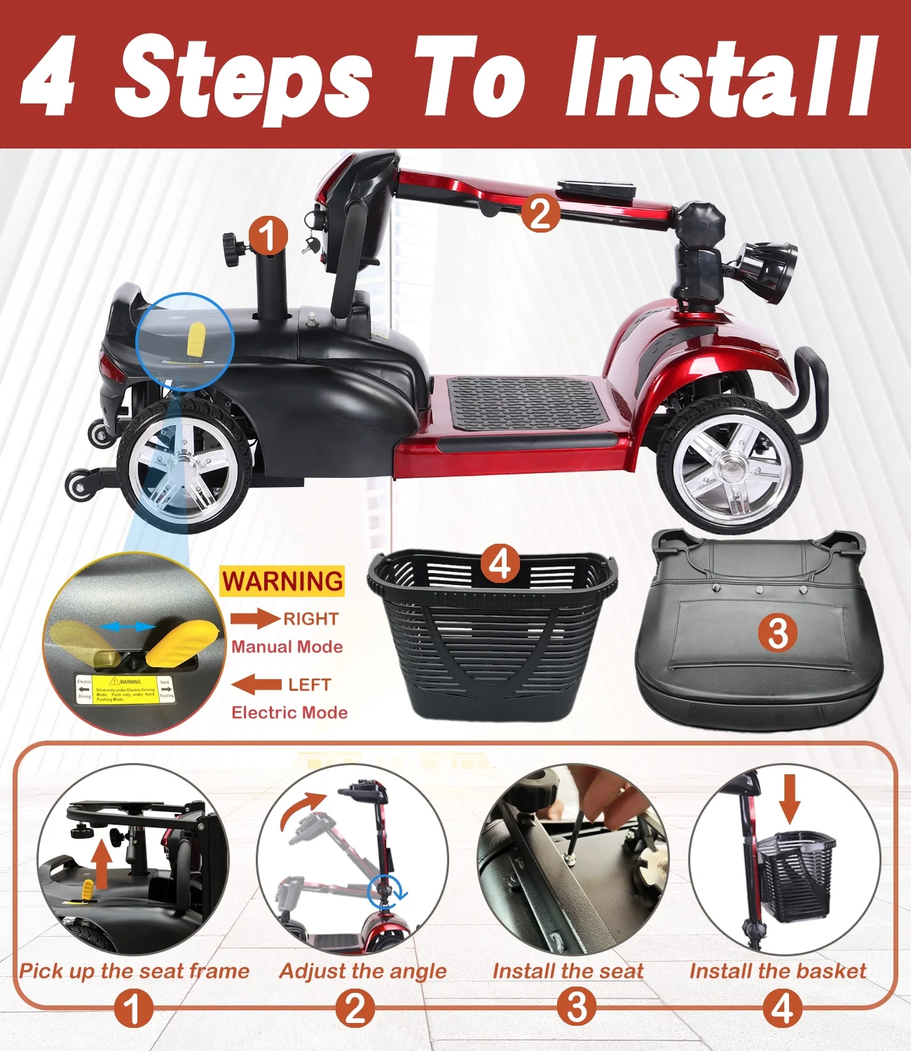 EazinGo 4 Wheel Mobility Scooter, Luxury Travel Scooters for Adults Support 300Lbs- Red