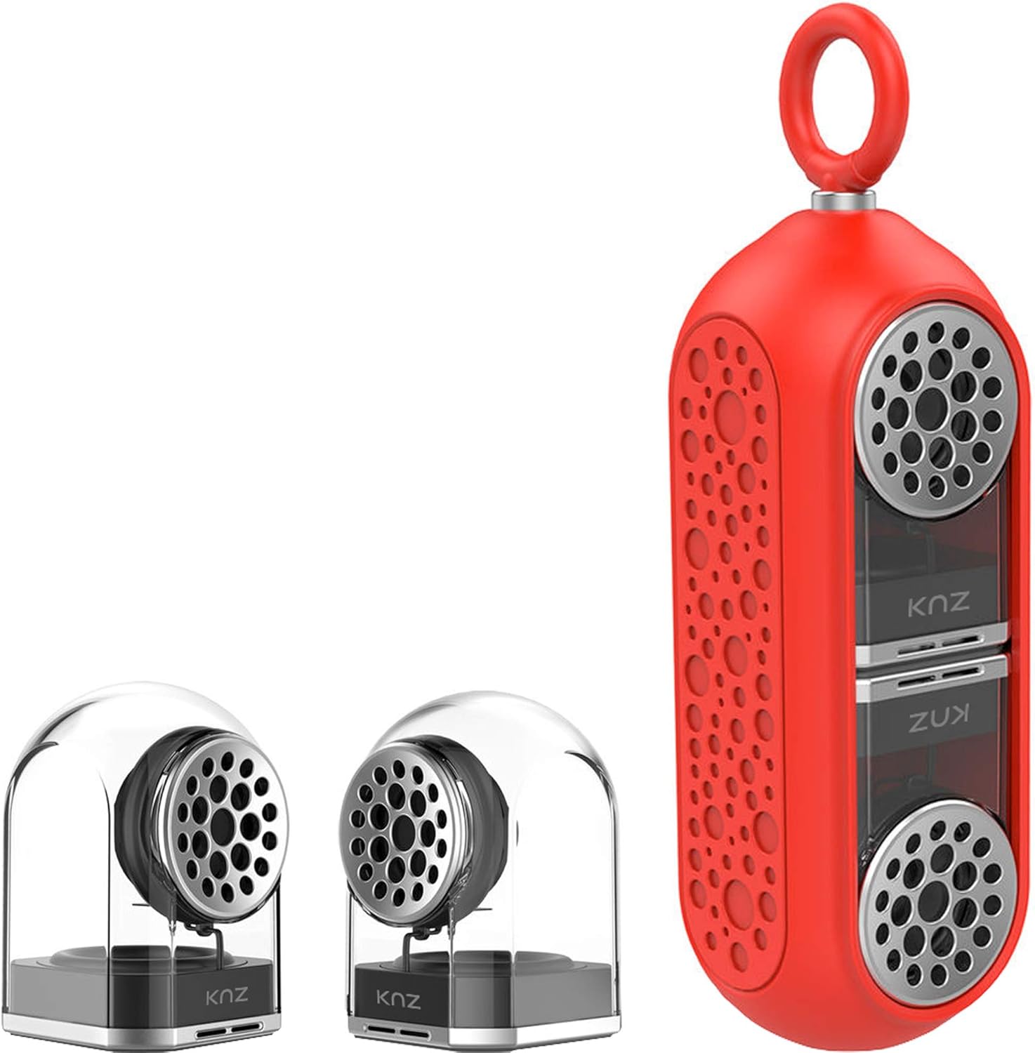 KNZ GoDuo Portable Bluetooth True Wireless Speakers with Magnetic Connectable Base, L/R Stereo Sound and Bass, Water and Shock Resistant, 18 Hr Playtime, Built-in Mic, Protective Carrying Case (Gray) Pack of 2