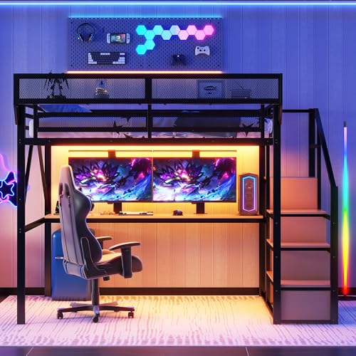 Full Size Loft Bed with Stairs and Storage, Metal Loft Bed Frame with Bedside Shelf and Large Under-Bed Space, Heavy-Duty Bed for Adults Teens and Kids, Black