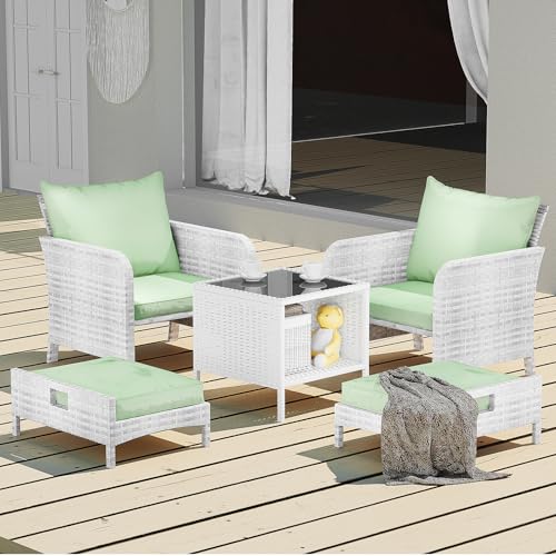LEVELEVE Balcony Furniture 5 Piece Patio Conversation Set, PE Wicker Rattan Outdoor Lounge Chairs with Soft Cushions 2 Ottoman&Glass Table for Porch, Lawn-Brown Wicker