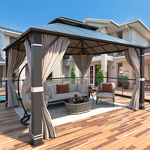 YOLENY 10' x 12' Hardtop Gazebo, Wood-Looking Gazebo with Galvanized Steel Double Roof, Aluminum Frame, Permanent Metal Pavilion with Netting and Curtains for Deck, Backyard, Patio and Lawns