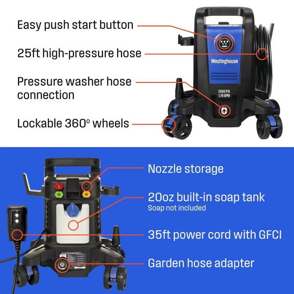 Westinghouse 2300 Max PSI Electric Pressure Washer, 1.76-GPM, Soap Tank, 5 Nozzles