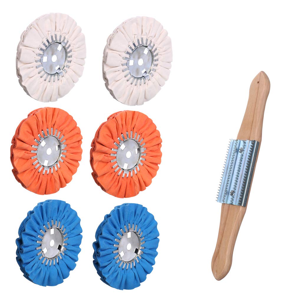 Airway Buffing Wheel Kit 7 PCs kit (2 pcs White & 2 pcs Orange & 2 pcs Blue & 1 Buffing rake) 8" in Diameter 5/8" in Arbor Hole 16 Ply for Angle Grinder 7 Pcs Pack of 2