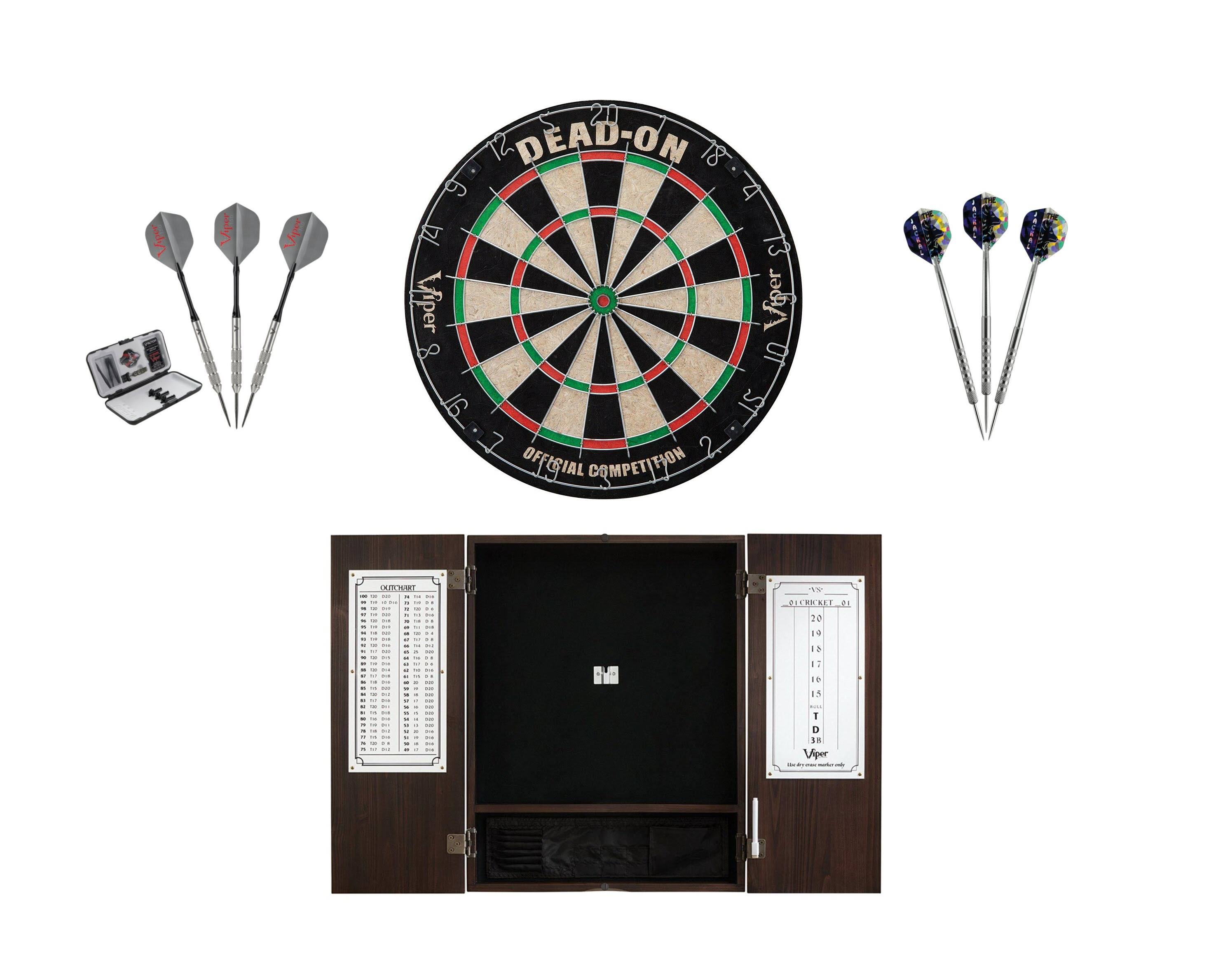 Viper Set: Bristle Dartboard + Espresso Steel Tip Cabinet + Tungsten Darts 24 Grams
