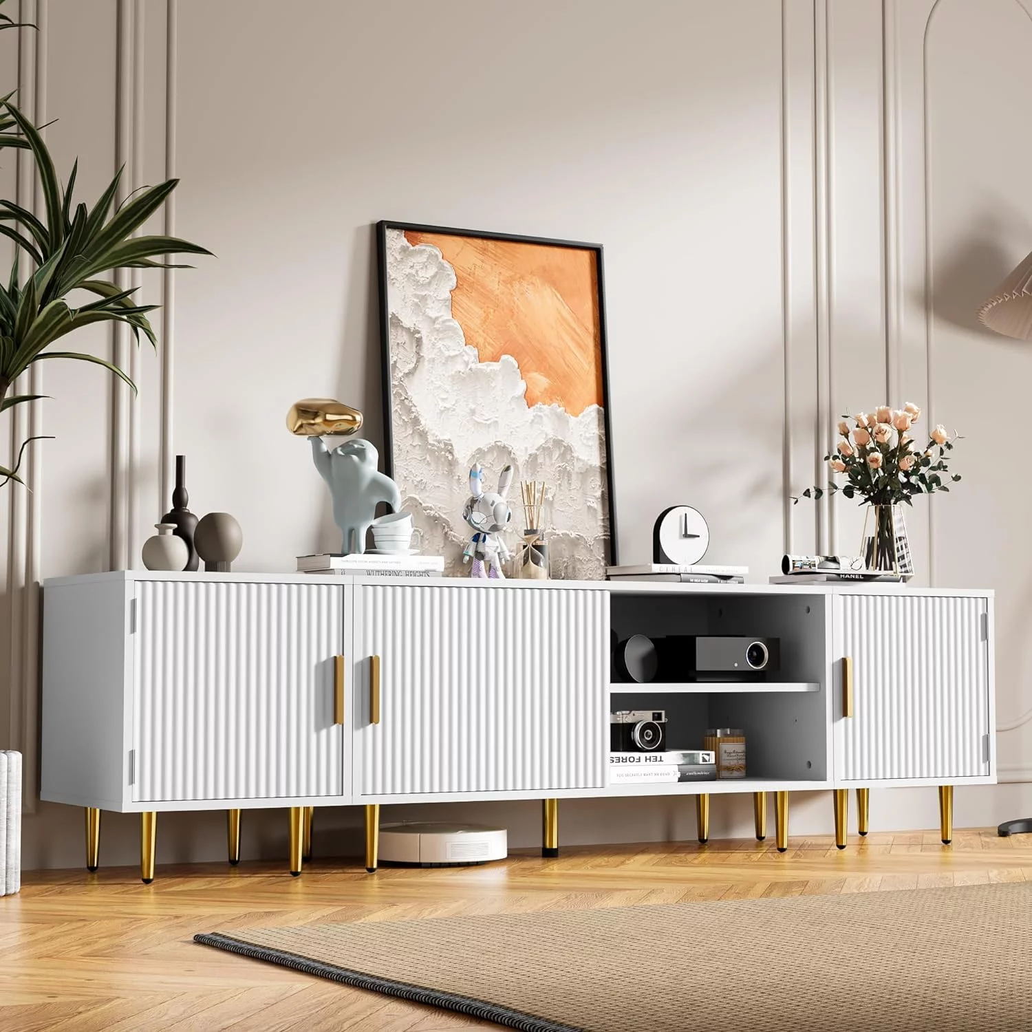 Cozy Castle 70" TV Stand for 50/60/70/80 inch TV, Modern Entertainment Center for Up to 80" TV, TV Media Stand with Storage Cabinet, TV Console with Gold Legs for Living Room, Bedroom, White