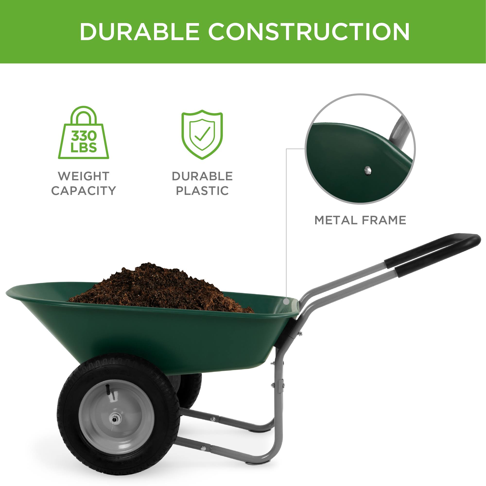 Best Choice Products Dual Wheel Home Wheelbarrow Yard Garden Cart, Green