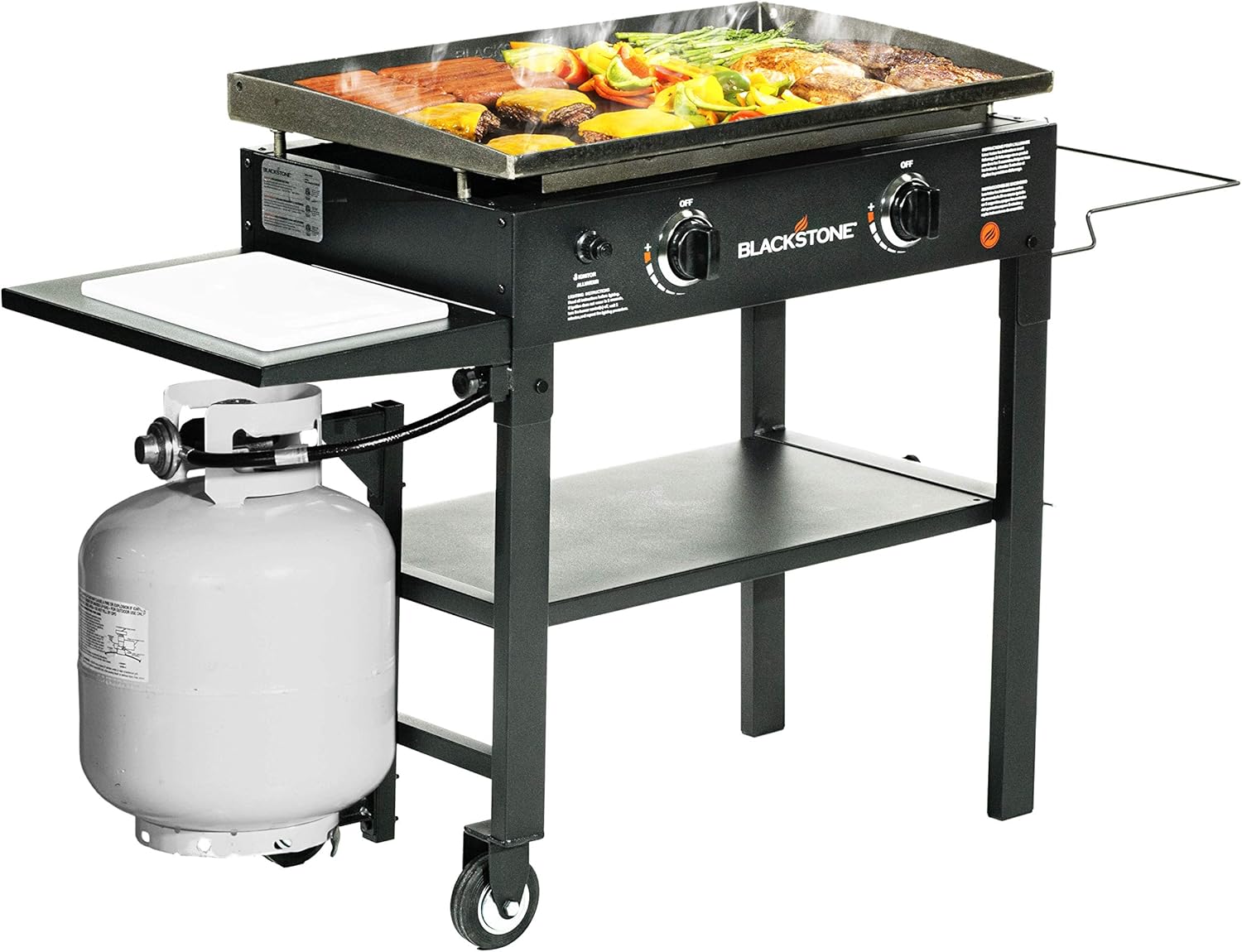 Blackstone 1853 Flat Top Gas Grill 2 Burner Propane Fuelled Rear Grease Management System 28&rdquo; Outdoor Griddle Station for Camping with Built in Cutting Board and Garbage Holder, 28 Inch, Black