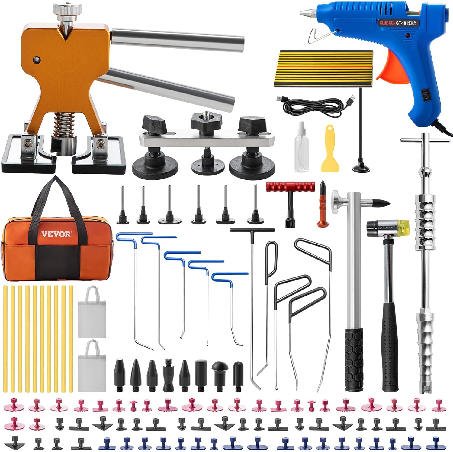 VEVOR Paintless Dent Removal Rods, 89 PCS Paintless Dent Repair Tools, Golden Lifter Puller Car Dent Repair Kit, Glue Puller Tabs Dent Puller Kit for Auto Dent Removal, Minor Dents, Door Dings