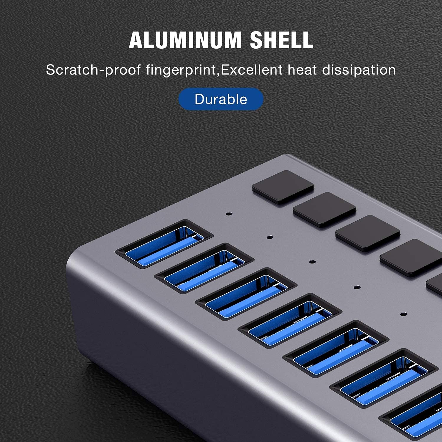Powered USB Hub - ACASIS 10 Ports 48W USB 3.0 Data Hub - with Individual On/Off Switches and 12V/4A Power Adapter USB Hub 3.0 Splitter for Laptop, PC, Computer, Mobile HDD, Flash Drive and More