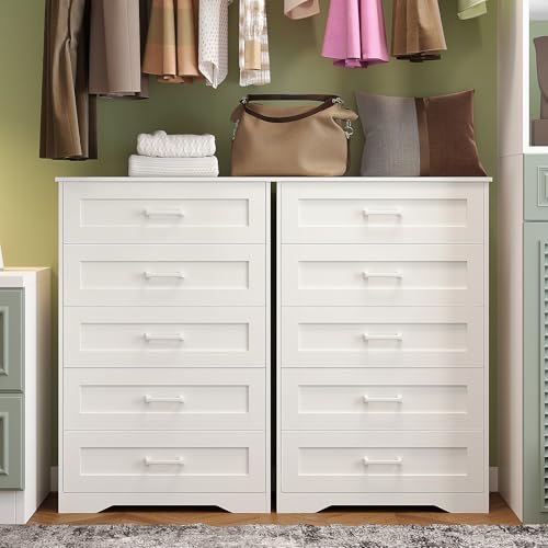 White Wood Dresser for Bedroom with 5 Drawers, Tall Storage Chest of Drawers, Modern Solid Wood Dresser Cabinet for Closet, Nursery, Entryway, Girls Room, Kids Room, Hallway, Living Room