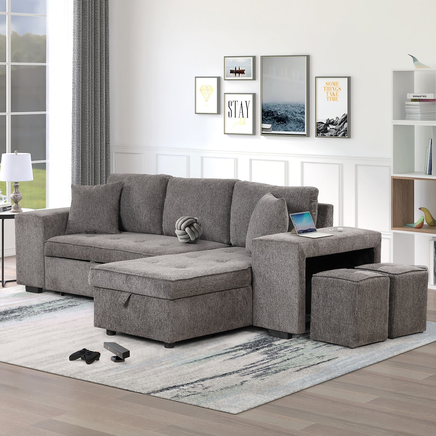 Churanty 104" Reversible Sectional Couch with Pull Out Bed,L Shape 3 Seat Sleeper Sofa with Storage Chaise and 2 Stools for Living Room,Knox Charcoal