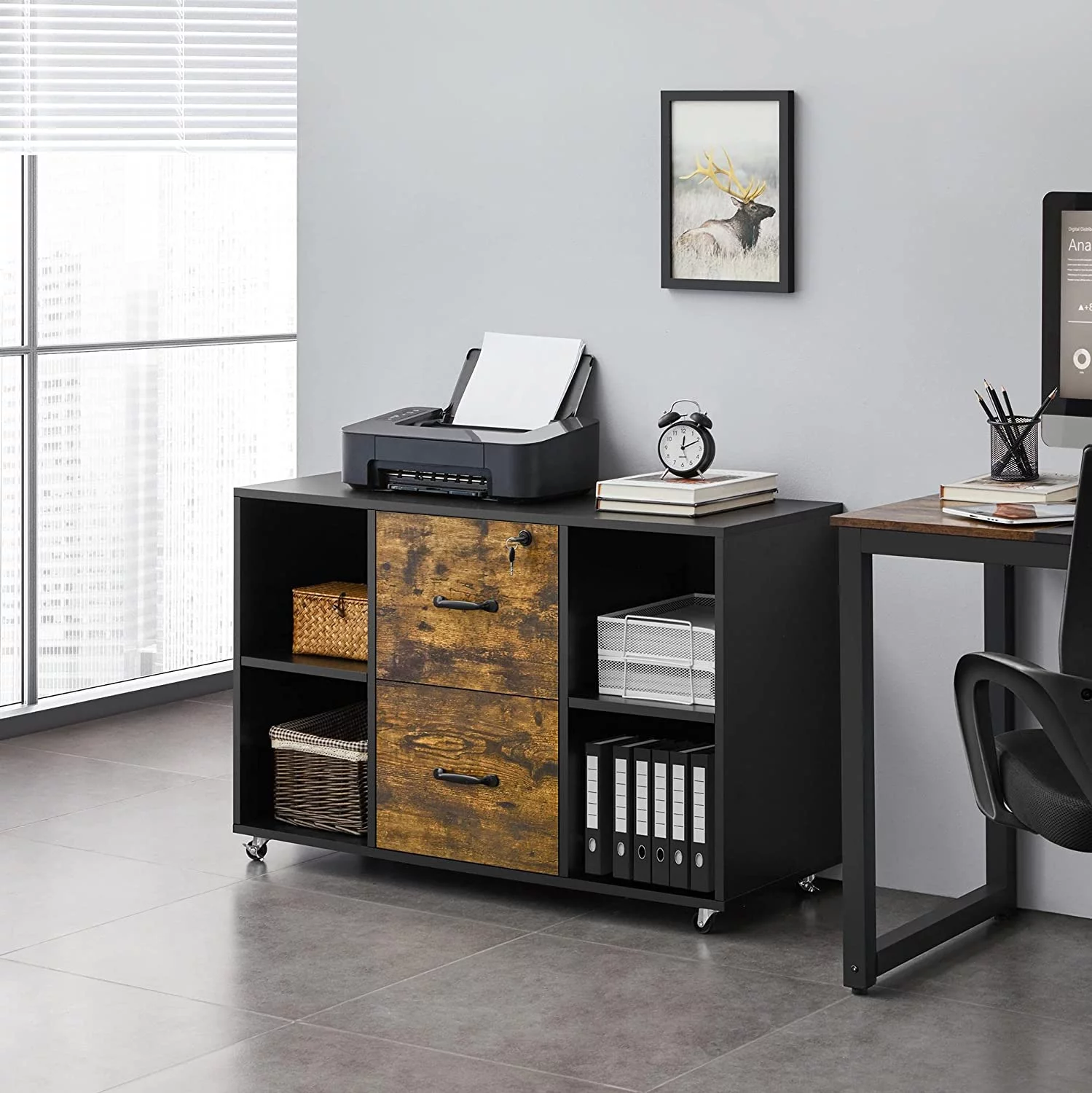 Black Filing Cabinet Large Mobile Storage Lateral Filing Cabinet with 2 Drawer and 4 Open Compartments,for Letter Size A4 Size, Printer Stand for Home Office, Black - Curated Treasures Market