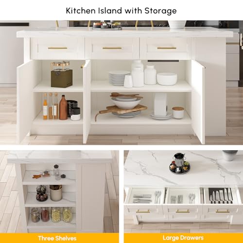 homary 72'' Kitchen Islands with Storage Modern White Kitchen Table with Seating & 3 Drawers Dining Table