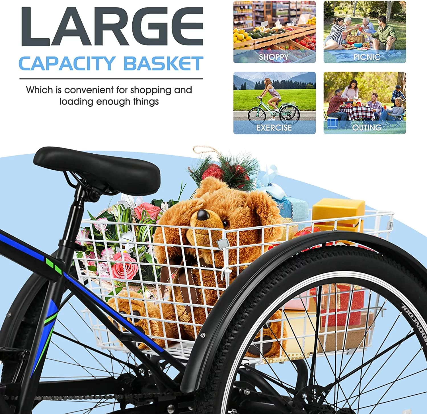Lilypelle Adult Mountain Tricycle 24/26/27.5 Inch Low step through Mountain Bike Cruiser Trikes for Adults 7 Speed Three Wheel Trike Bike Bicycle with Large Basket