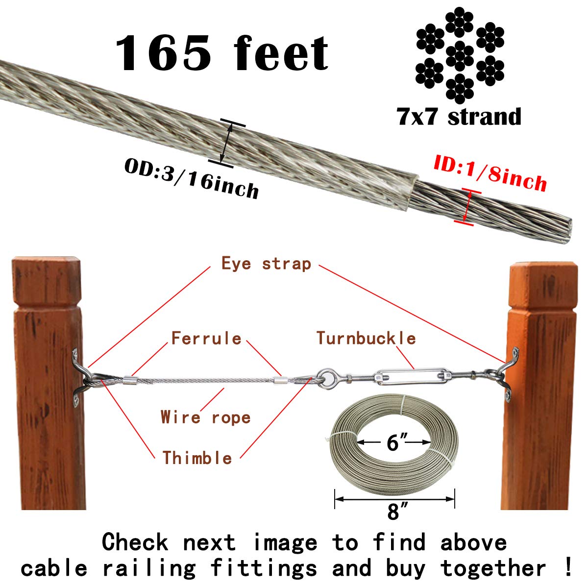 Muzata 165 Feet Wire Rope Crystal Vinyl Coated Galvanized Steel 3/16 Thru 1/4 Aircraft Cable for Railing Decking Stair Balustrade DIY,7x7 Strand WR20, WP1 WC1