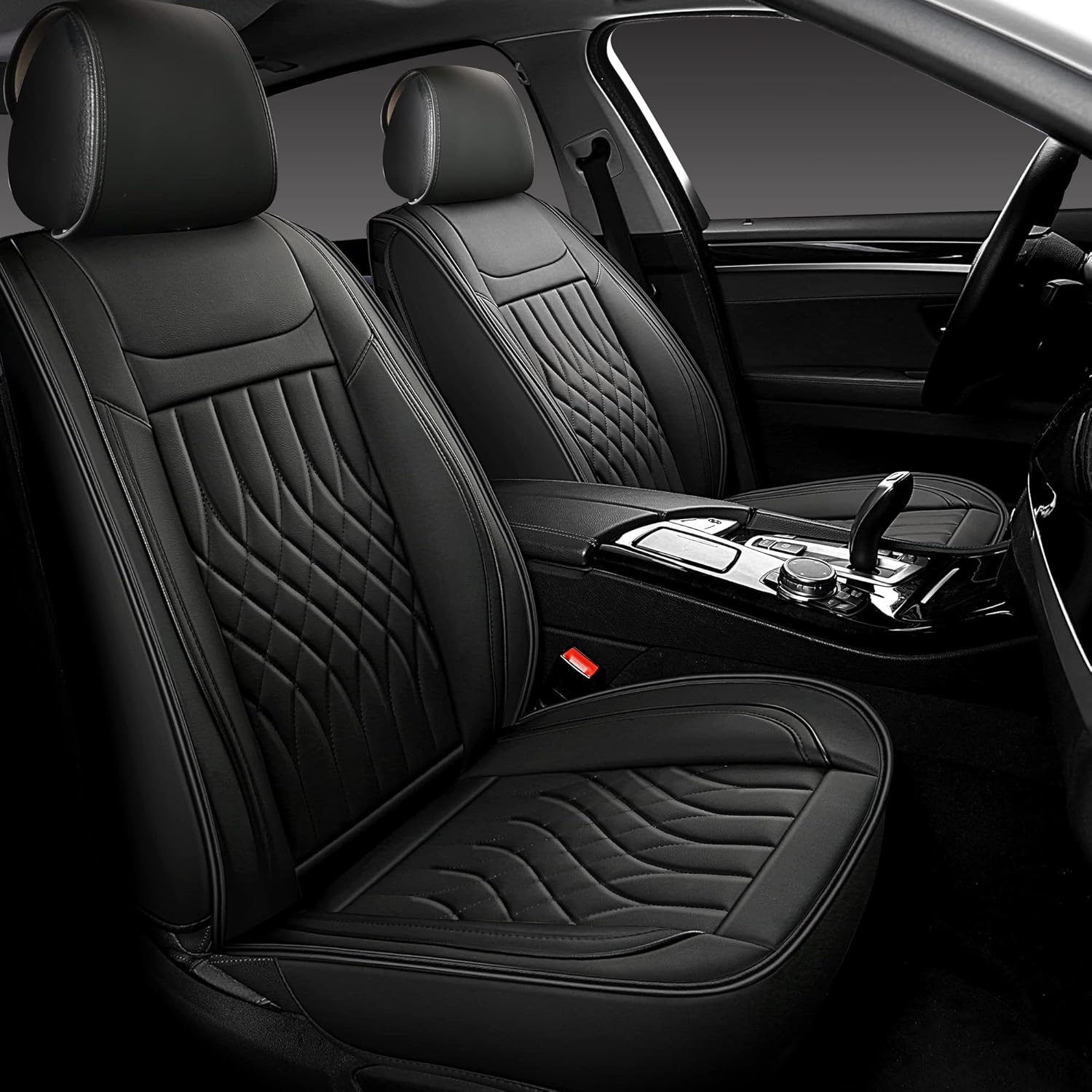 Sanwom Leather Car Seat Covers Full Set, Universal Automotive Vehicle Seat Covers, Waterproof Vehicle Seat Covers for Most Sedan SUV Pick-up Truck, Black and Red