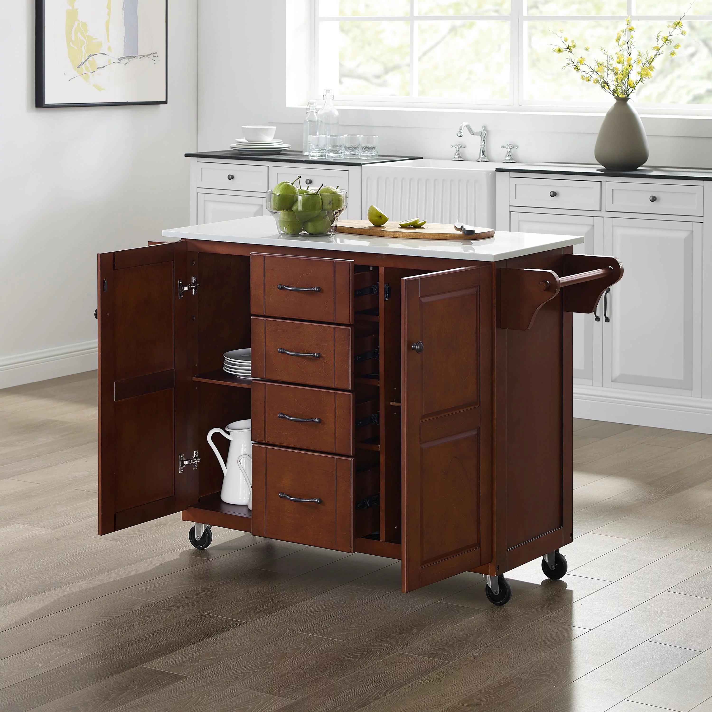 Crosley Eleanor White Granite Top Kitchen Cart in Mahogany