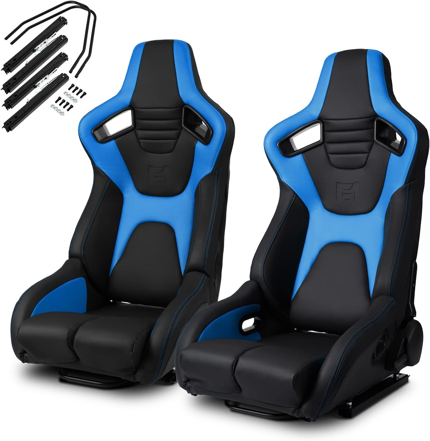 ModifyStreet Universal Black+Blue PVC Carbon Fiber Leather Reclinable Racing Seats Pair - Venom Series