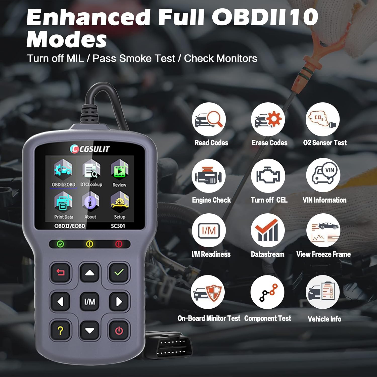 OBD2 Scanner CGSULIT SC301 Car Check Engine Light Code Reader with Reset Full OBDII Functions Universal Vehicle Diagnostic Scan Tool for Smog Check, Live Data, DTC Lookup, On-Board Monitor Test, Grey Pack of 2