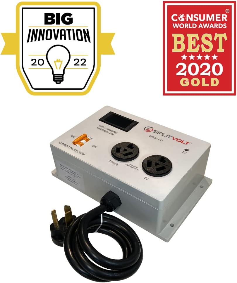Splitvolt NEMA 14-30/14-50 Splitter Switch (TM) 14-30 Plug to 14-30 Outlet (A) & 14-50 Outlet (B) - Automatic Power Switching for Dryer & EV, Internal Safety Breaker & Real-time Display, 24 Amp, 240V