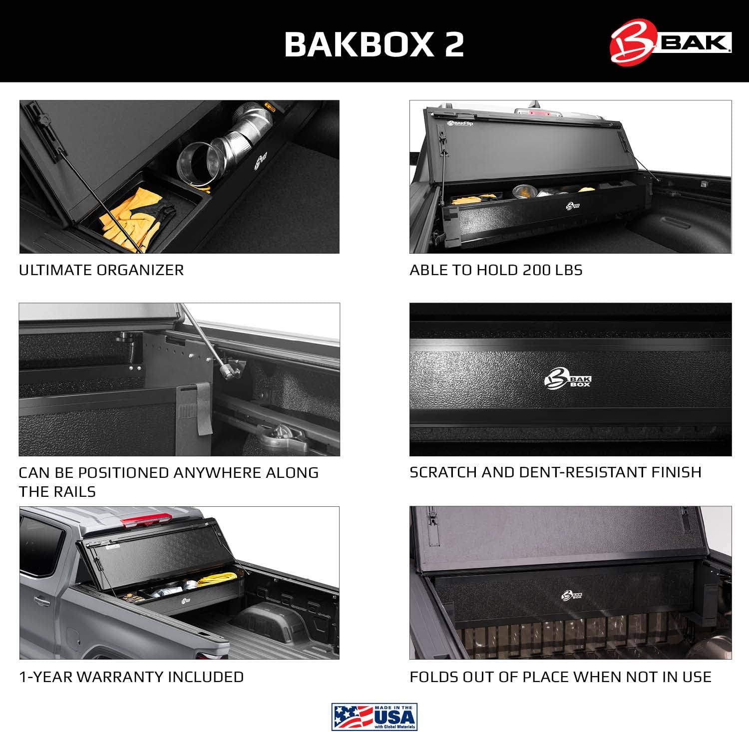 BAK BAKBox 2 Fold-Away Utility Box | 92120 | Fits 2014 - 2022 Chevy/GMC Silverado/Sierra (w/o CarbonPro Bed) 1500, 2015-21 2500/3500HD All Beds , Black