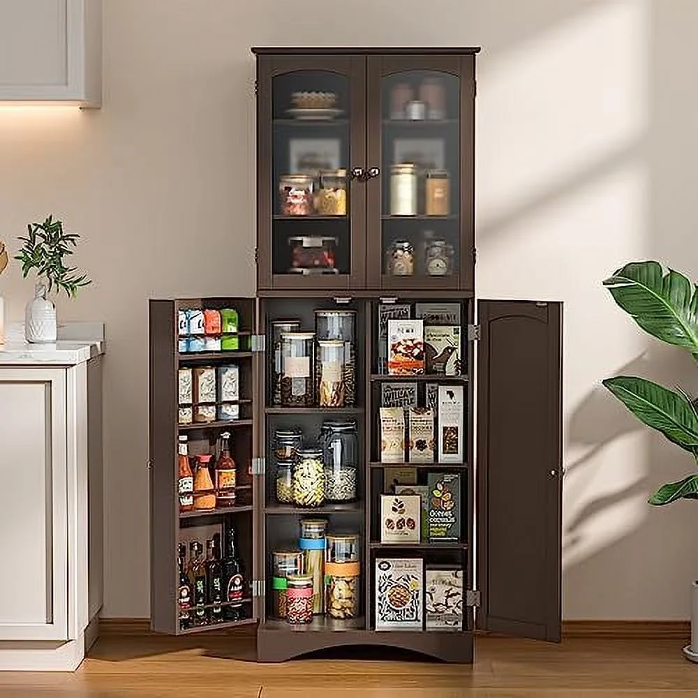 64" Kitchen Pantry Cabinet  Tall  Cabinet with Glass Doors and Adjustable Shelves  Freestanding Floor Cabinet Cupboard for Kitchen  Living Room  Dining Room (Dark Brown)