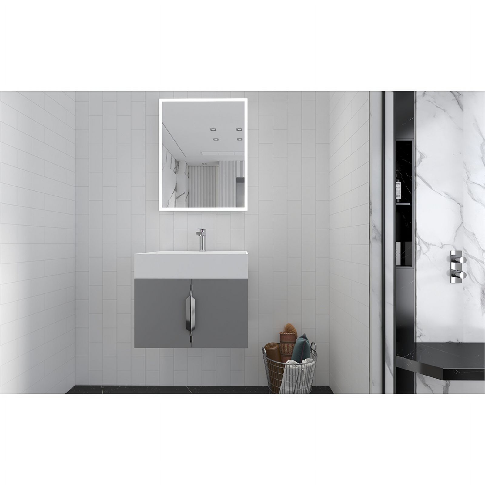 Pemberly Row 36" Gray Wood Floating Vanity w/ White Top & Brushed Nickel Trim