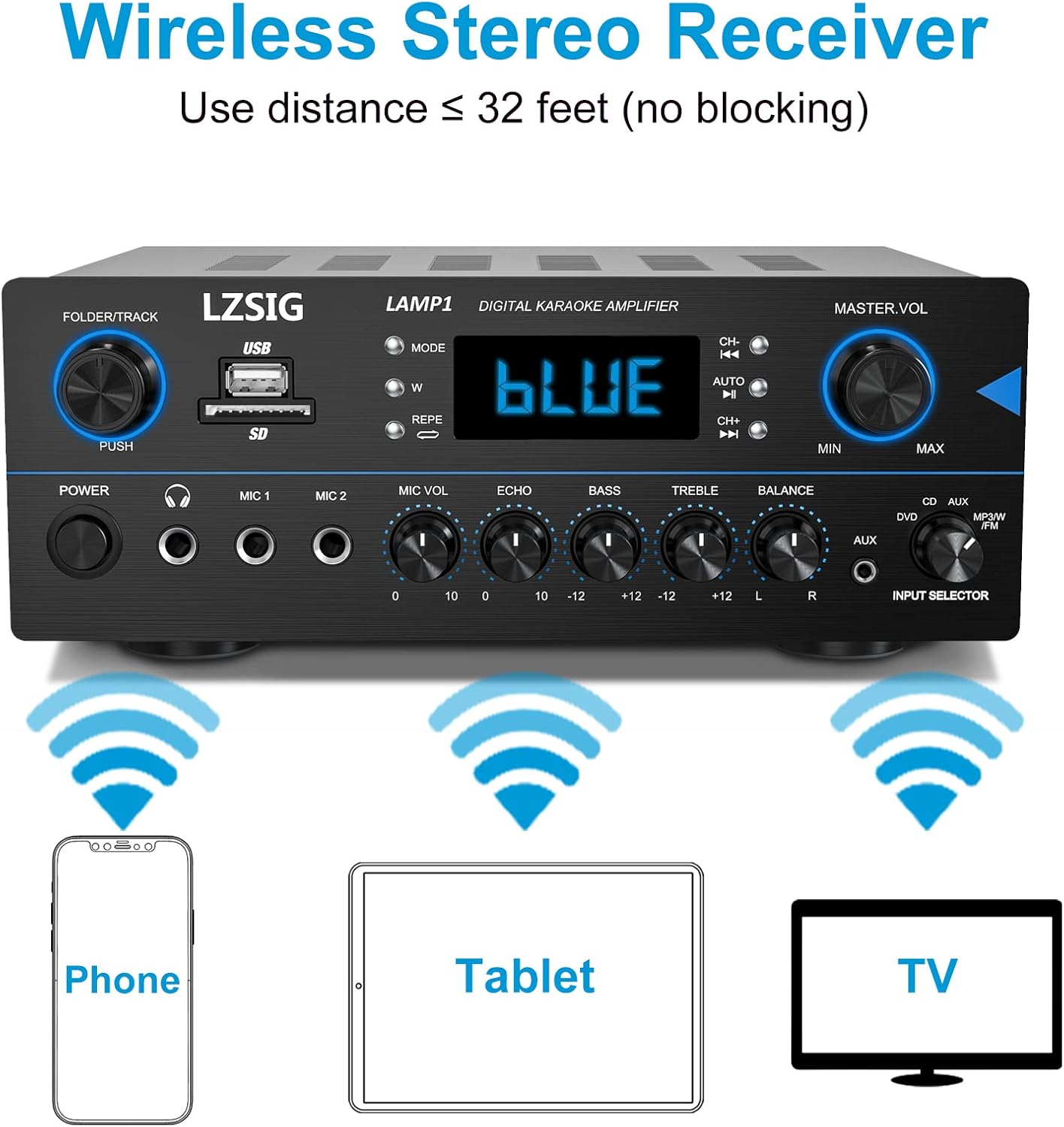 LZSIG Home Audio Receiver Amplifier Peak Power 110W x 2 Channel Stereo Karaoke Amplifier w/MP3, USB, SD, AUX, RCA, MIC Jack,Headphone Jack, FM, LED, Reverb Echo, for for Home/Studio/Bedroom - LAMP1