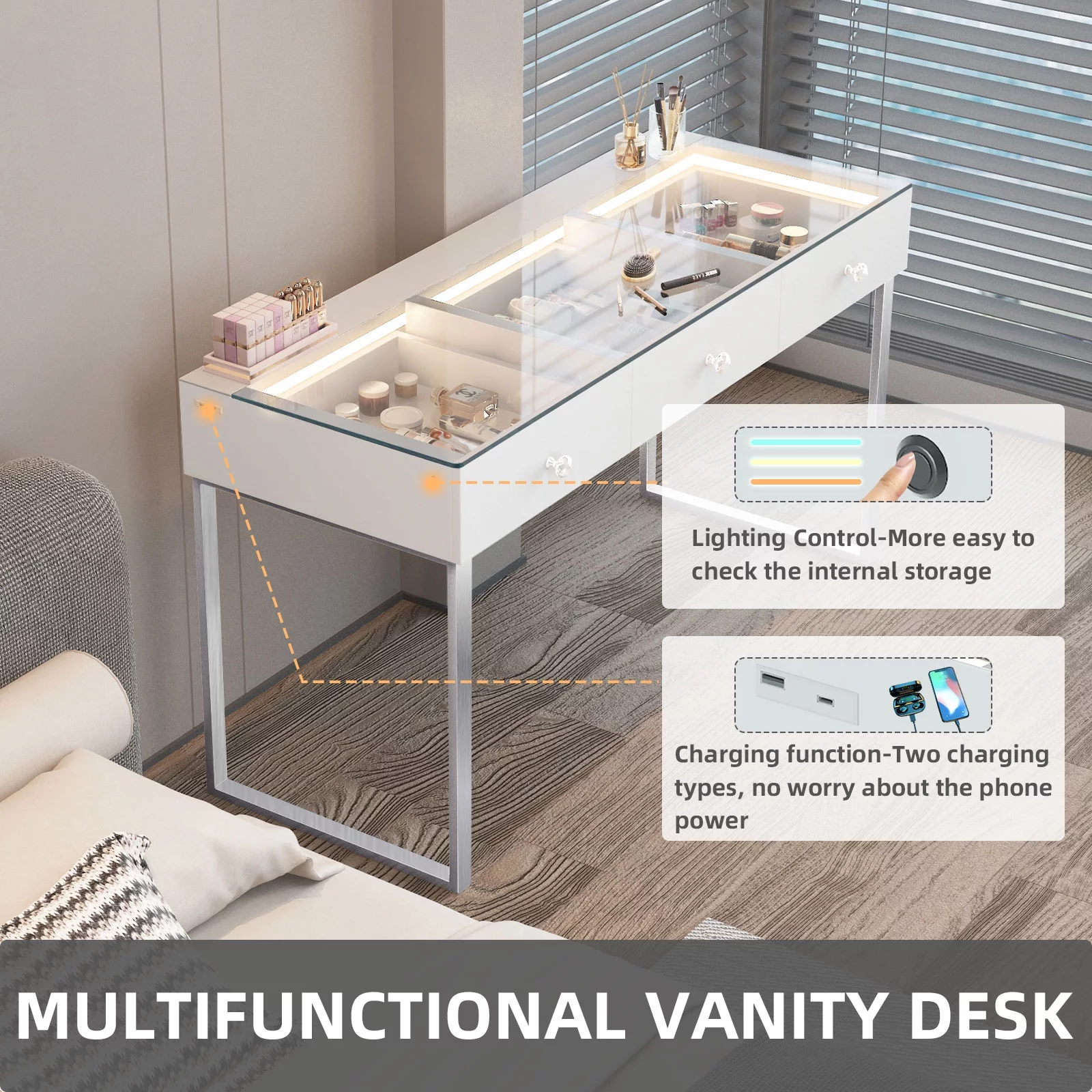 VANITII 3-Drawer Modern Makeup Vanity Table LED Light Charging Port Stainless Glass Vanity Desk