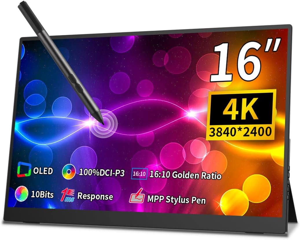 16 inch 4k OLED Touchscreen Portable Monitor, 3840 x 2400 100% P3 Portable Display MPP Stylus Pen Compatibility 1MS Eye Care PC Monitor for Laptop,Mac NUC Mini PC,VESA & Integrated Stand