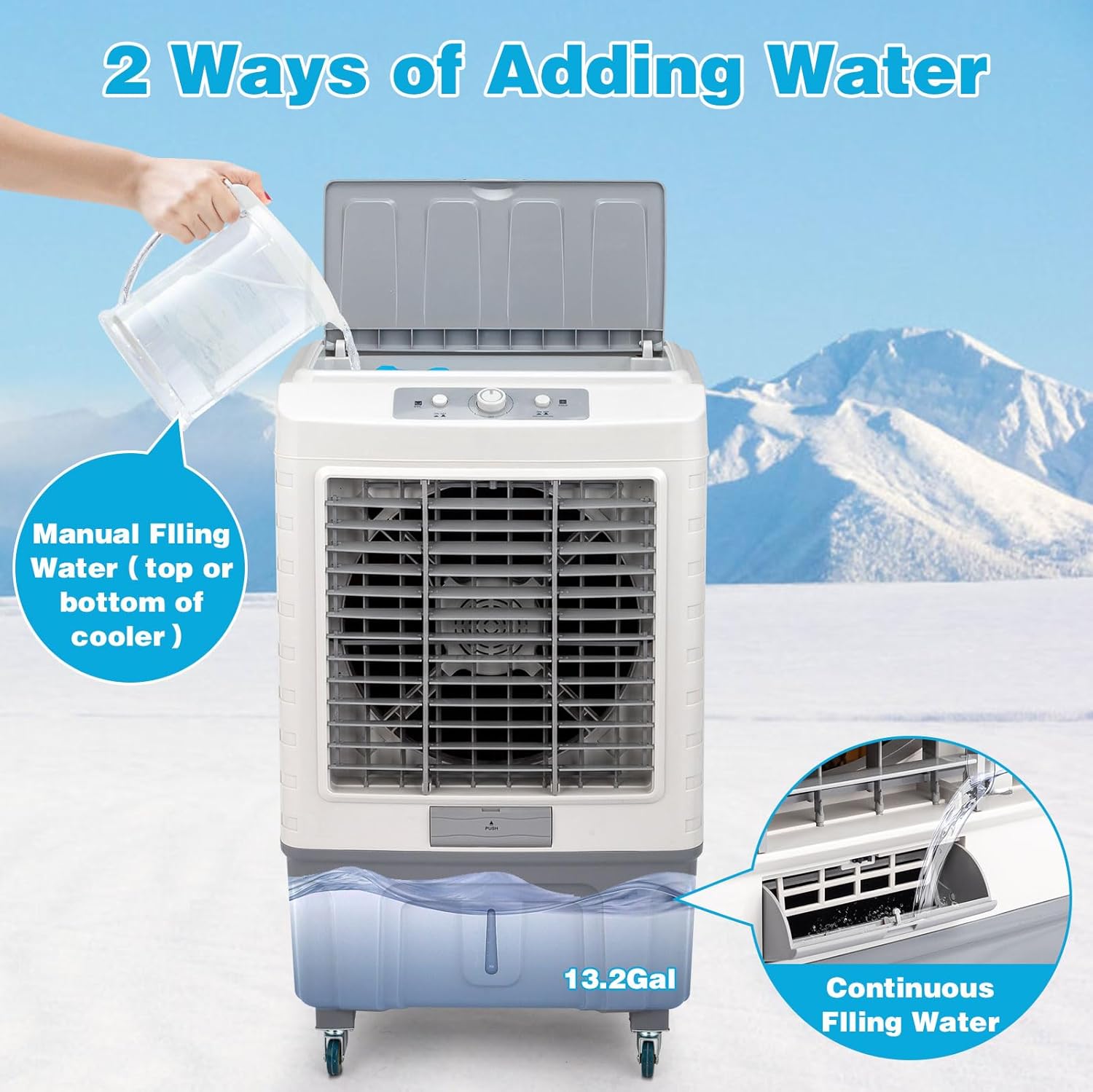 3 in 1 Portable Evaporative Cooler,Indoor,Outdoor,4118CFM Personal Air Cooler,Mechanical control,13.2 Gal Large Water Tank & Scroll Casters, 4 Ice Packs,White and gay