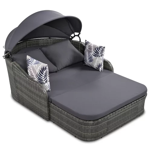Churanty Outdoor Sunbed with Adjustable Canopy for Two Person Patio Chaise Double Lounger for Beach Backyard,Gray