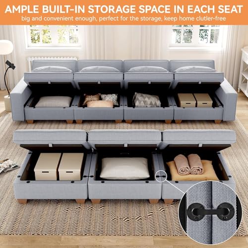 Modular Sectional Sofa, Convertible U Shaped Sofa Couch with Central Console & USB Ports, 7 Seat Modular Sectionals Couch with Chaise and Storage for Living Room, Light Grey