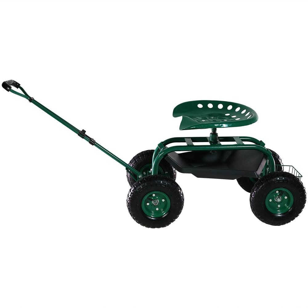 Sunnydaze Green Rolling Garden Cart with Extendable Steering Handle, Swivel Seat u0026 Basket