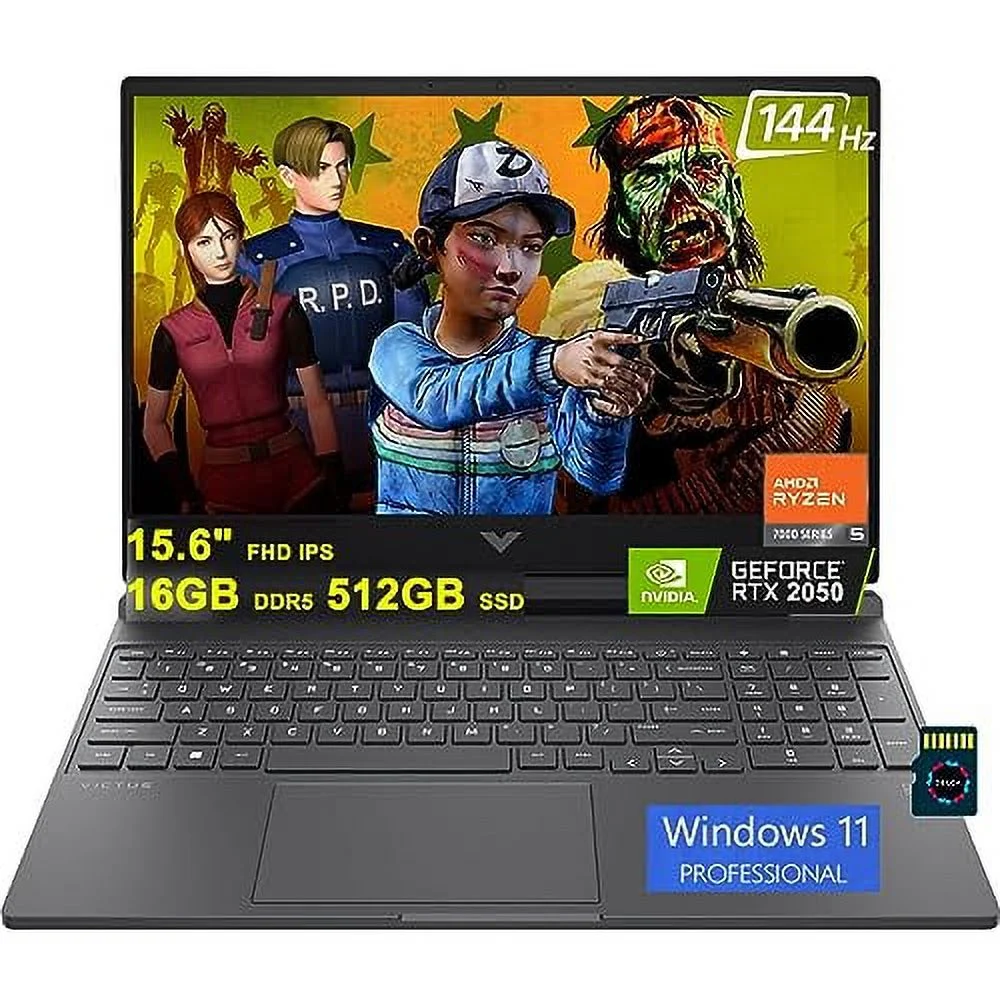 HP Victus 15 Gaming Laptop | 15.6" FHD IPS 144Hz | AMD 6-Core Ryzen 5 7535HS (>i7-11800H) | 16GB DDR5 512GB SSD | GeForce RTX 2050 4GB Graphic | Backlit USB-C B&O Win11Pro + 32GB MicroSD Card