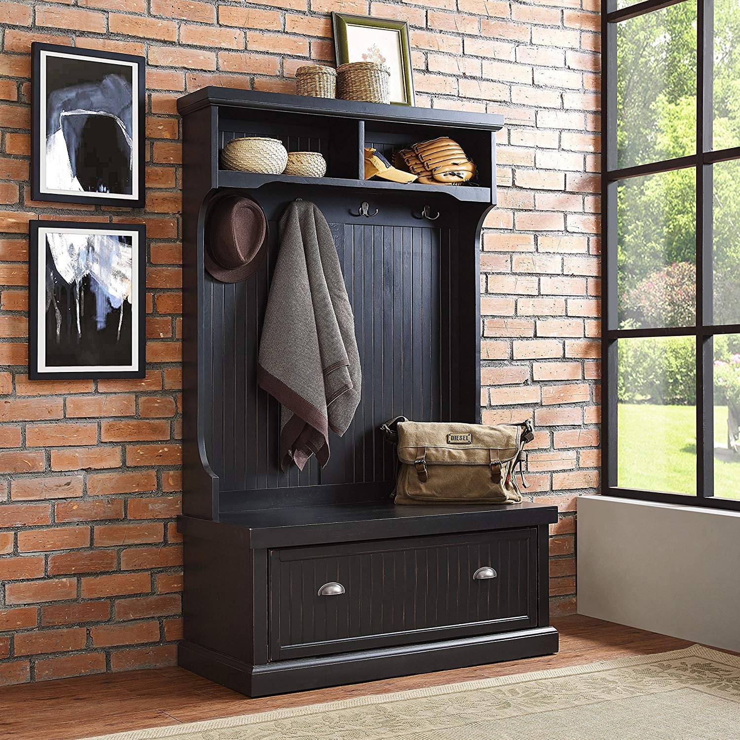 Crosley Furniture Seaside Wood Hall Tree in Distressed  Black