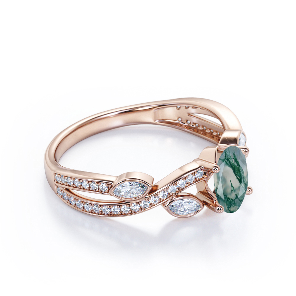 JeenMata 1.5 Carat Crossover Oval Shaped Opaque Milky Moss Green Agate And Moissanite Pave-Channel Bezel Filigree Engagement Ring In 18K Rose Gold Plating Over Silver