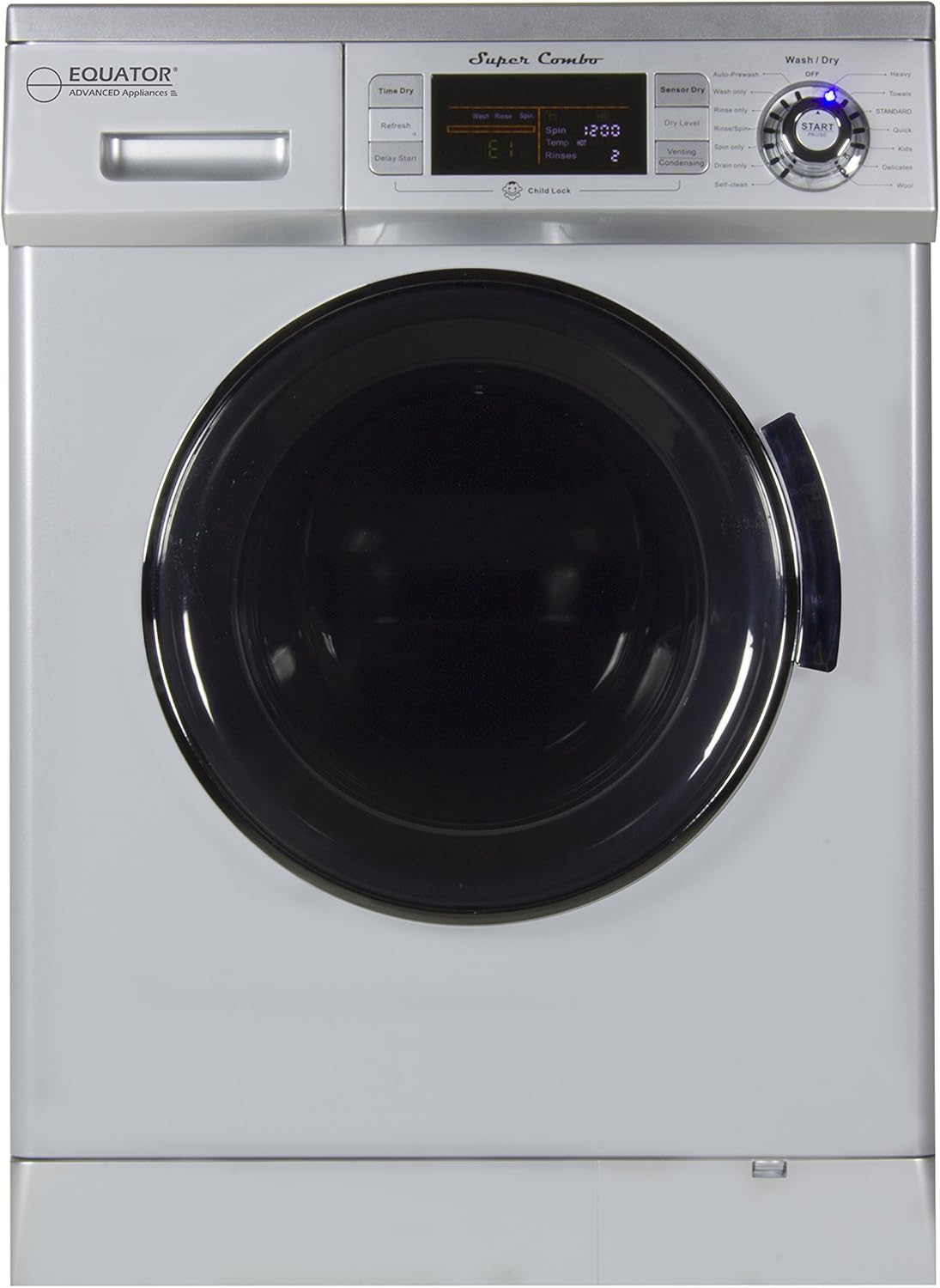Equator All-in-one Compact Combo Washer Dryer 1200 RPM spin, Auto water level, Sensor Dry Optional Venting/Condensing in Silver; 2016 Model