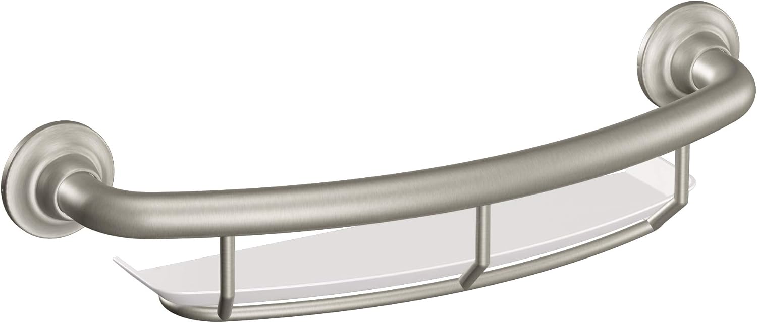 Moen LR2356DCH Home Care 16-Inch Screw-in Curved Bath Safety Grab Bar with Built-in Shelf, Chrome