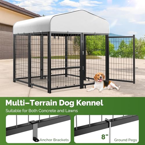 SINO LUBAN Outdoor Dog Kennel Outside Run with Doggy Door, Swivel Feeder&Roof - 8x4x6 Large Dog Kennels Pens Outside for Large Dogs Breed-Heavy Duty Cage Enclosure Yard (Can Connect to Your Dog House)