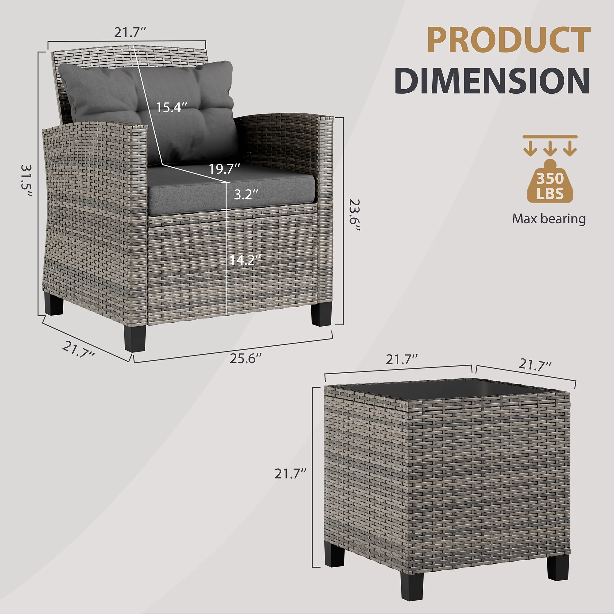 Walsunny 3 Pieces Patio Furniture Set Outdoor Wicker Conversation Bistro Set Outdoor Patio Chairs with Tempered Glass Table Beige
