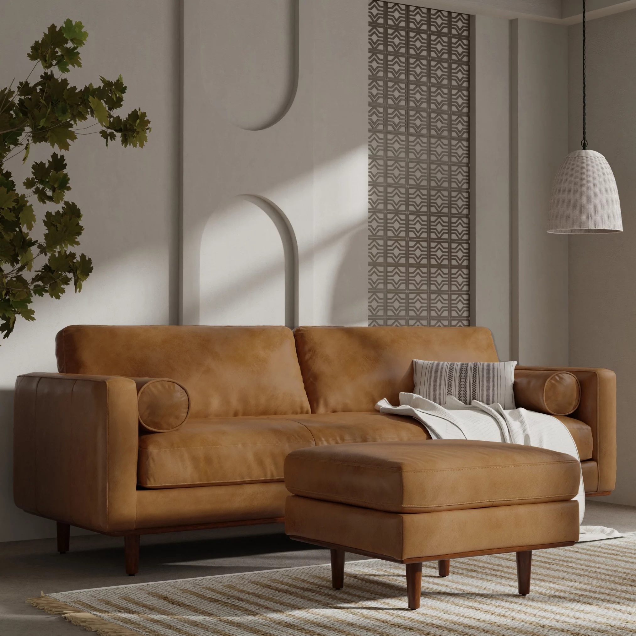 Simpli Home Morrison Mid-Century Modern 89 inch Wide Sofa in Sienna Genuine Leather
